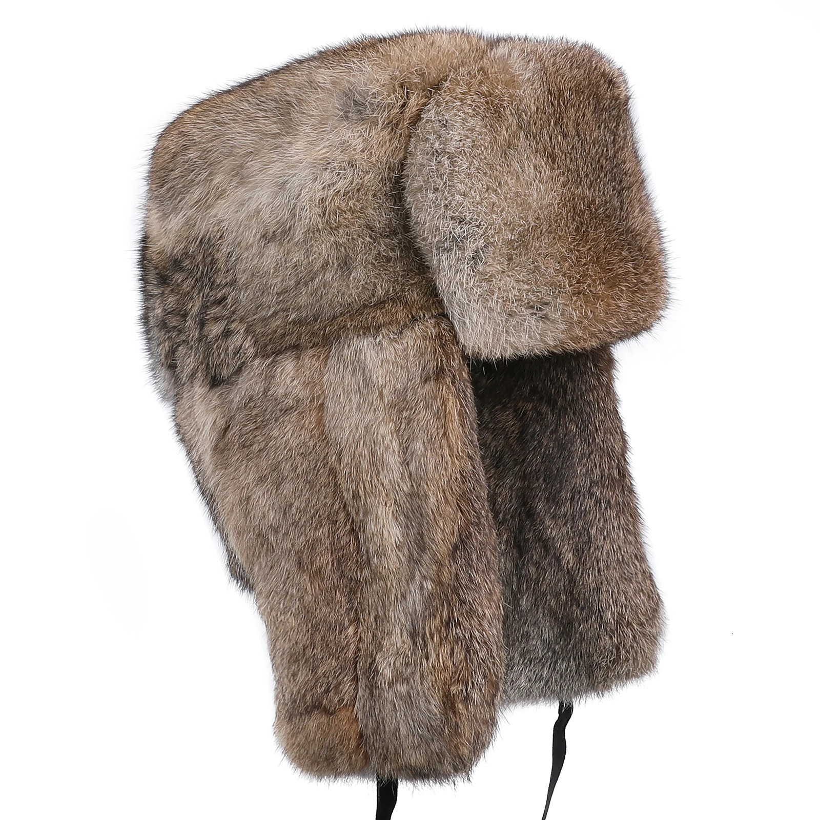 Mens Winter Warm 100% Genuine Premium Rabbit Fur Hunting Hat Russian Ushaka Pilot Hat with Earrings Suitable for Cold Weather 241030