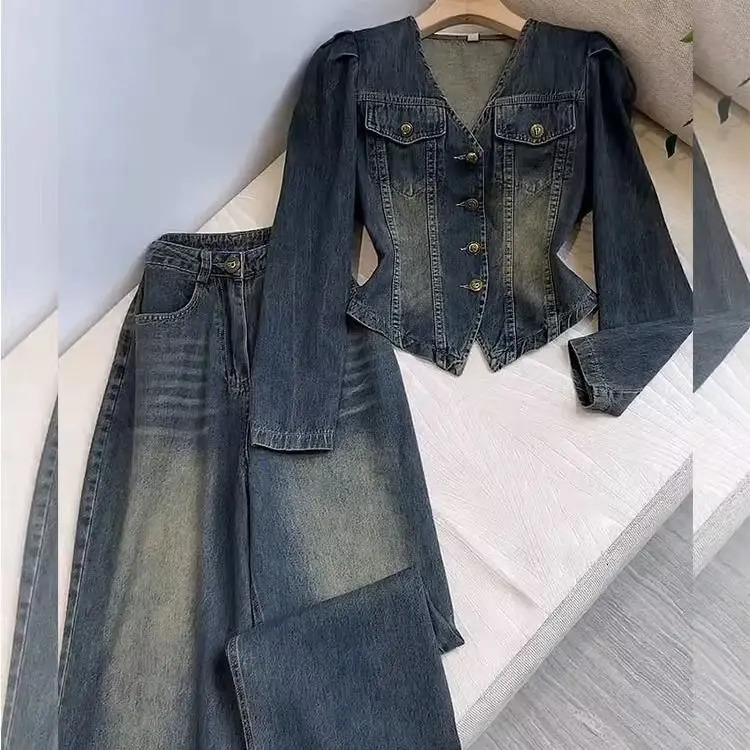 V-neck denim jacket wide leg jeans Trouser 2-piece set womens Y2k set retro autumn jacket loose pants 241030