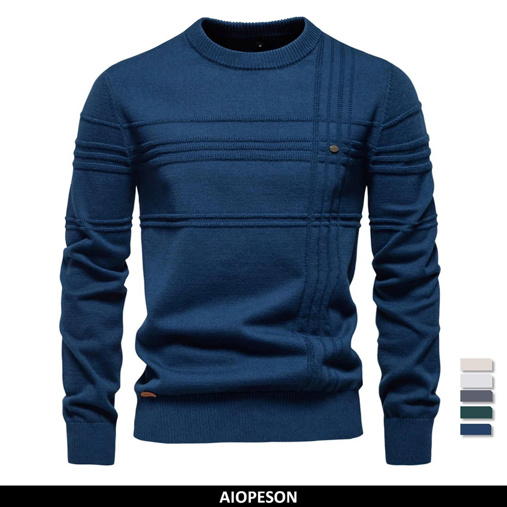 AIOPESON Mens Crewneck Pullover Sweater Knitted Cotton Striped High Quality Autumn Mens Warm Sweater 241031