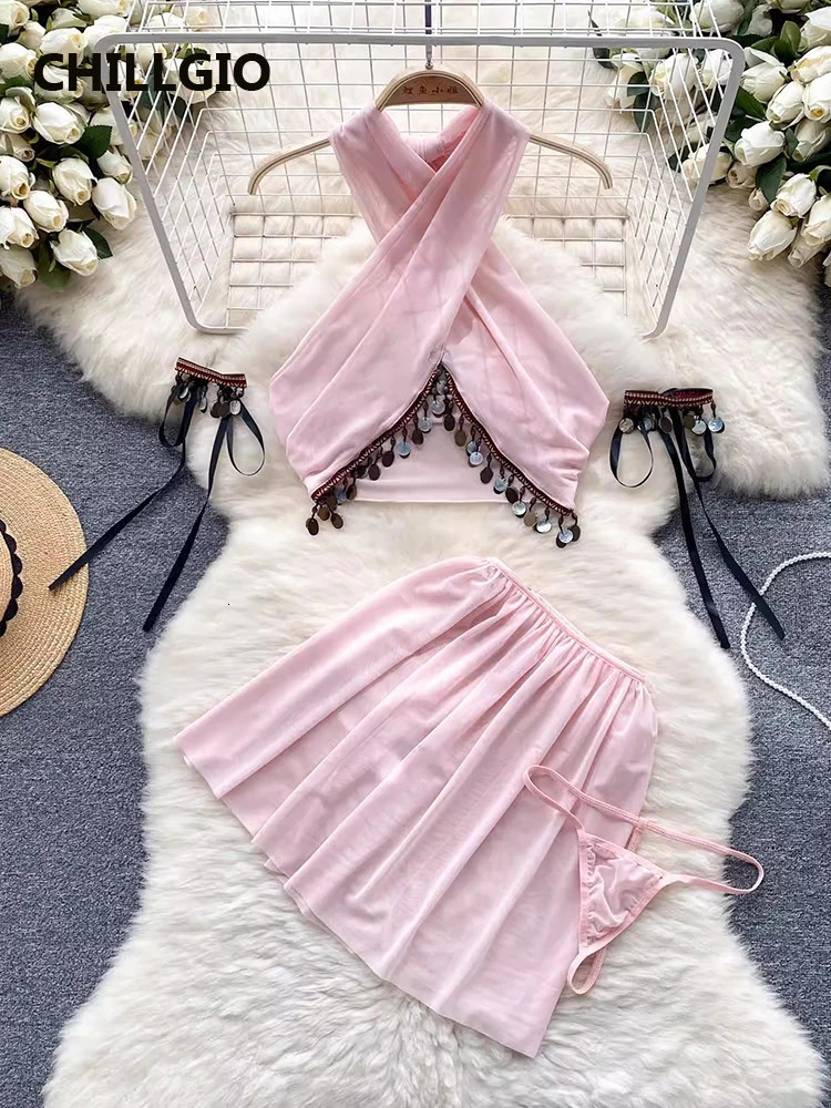 CHILLGIO Women Sexy Vintage Exotic Mesh Pajamas Suits Nightwear Fashion 4 Pieces Transparent Glitter Sequined Tops Skirts Sets 241031