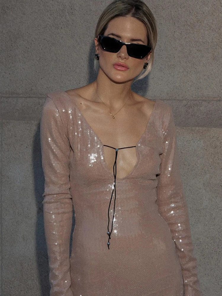 Sequin Lace Up Backless Long Dresses Deep V Flash Sparkling Sexy Long Sleeve Temperament Leakback Champagne Women Evening Dress 241031