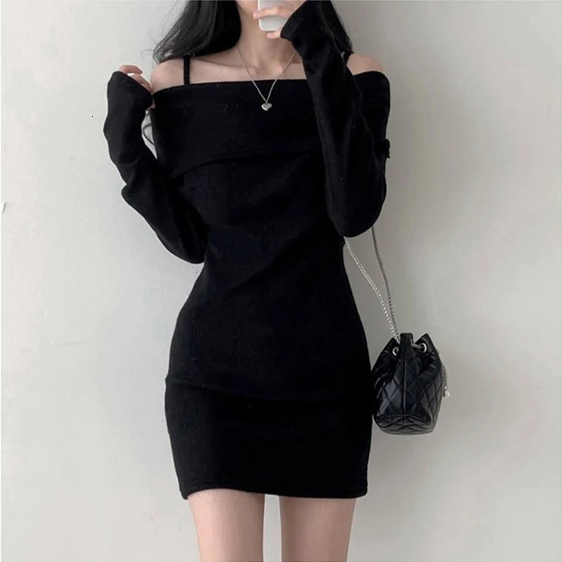 Y2K Women Knitted Mini Dress Korean Sexy Off Shoulder Female Dress Spring Spaghetti Strap Long Sleeve Ladies Vestidos 241031