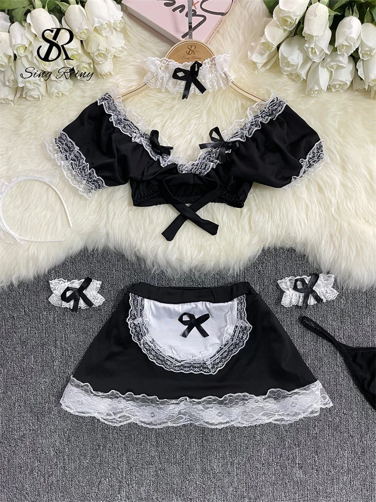 SINGREINY Women Cosplay Maid Erotic Three Pieces Sets Backless TopA-Line SkirtThongs Japan Style Bow Lace Pron Sexy Suits 241031