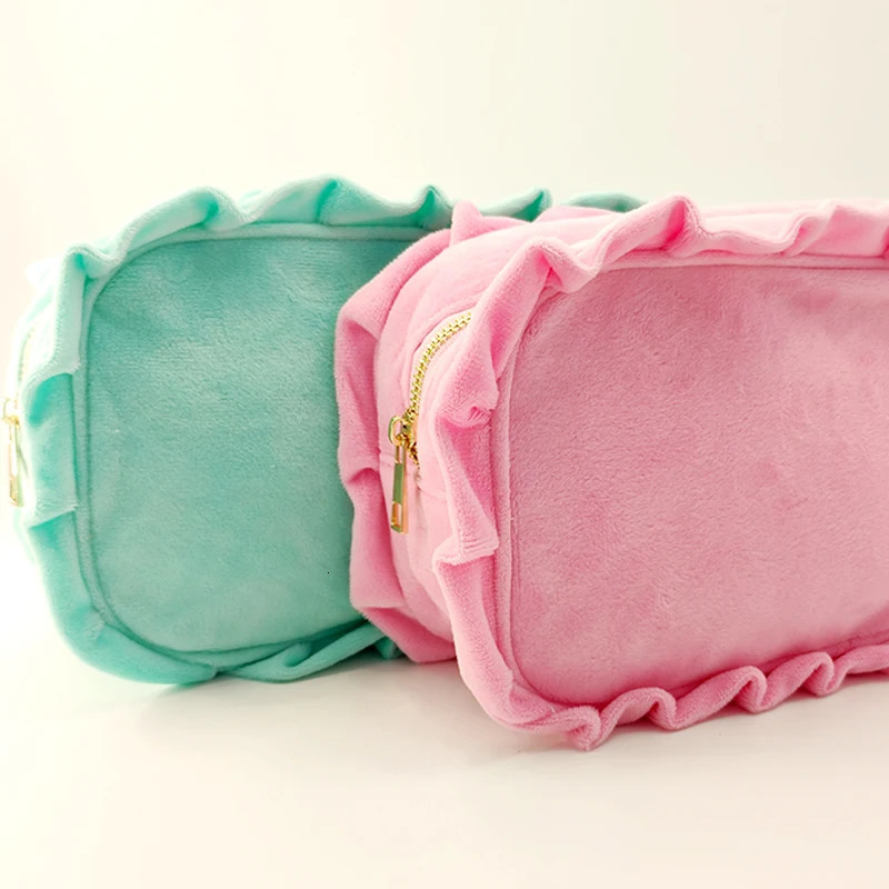 Ruffle plaid makeup bag pink/purple striped storage bag womens makeup bag with zipper crystal velvet travel makeup bag 241031