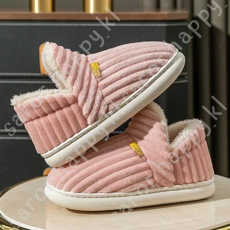Winter Couple Style Concise Stripes Wrap Heels Plush Slippers Ladies' Non-Slip Soft Warm Flip Flops Men Home Casual Cotton Shoes 100