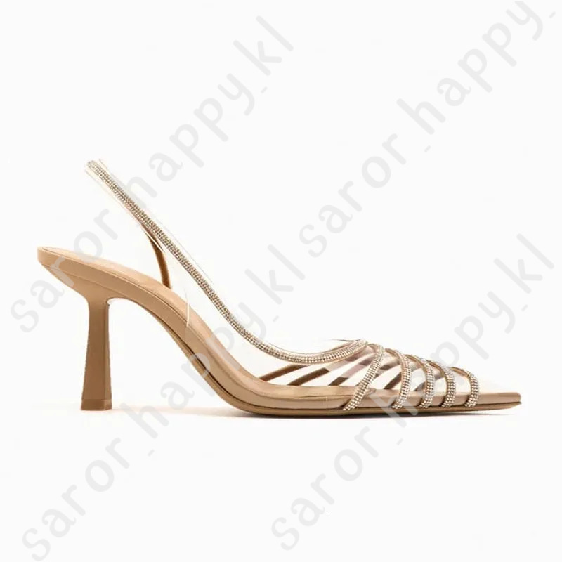 Summer Women's Sandals Apricot Shiny Rhinestone High Heels Shoes Fashion Transparent Sexy Slingback High Heels Woman 916