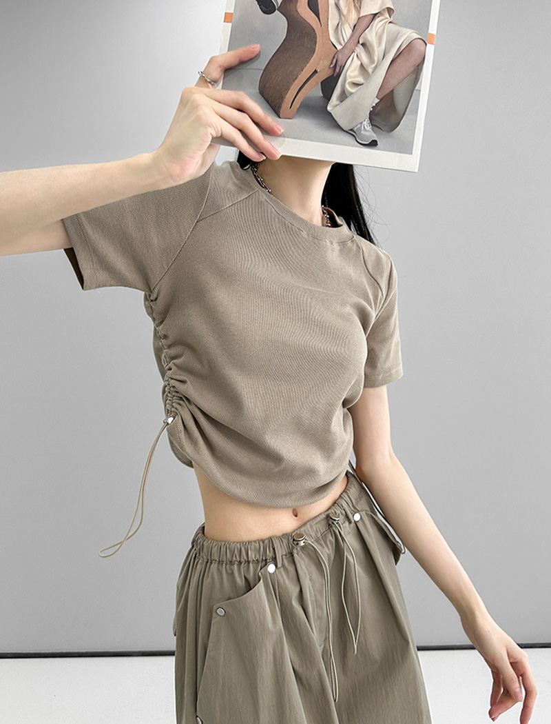 Dynamic girls in Europe and the United States wind positive shoulder small fly sleeve short-sleeved T-shirt female 2024 new solid colour ol spicy girl