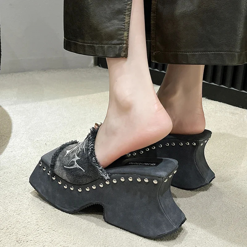 2024 Goth Platform Sandals For Women Denim Butterfly Fashion Metal Fashion Rivet Slip On Punk Sandal Shoes Summer 241031