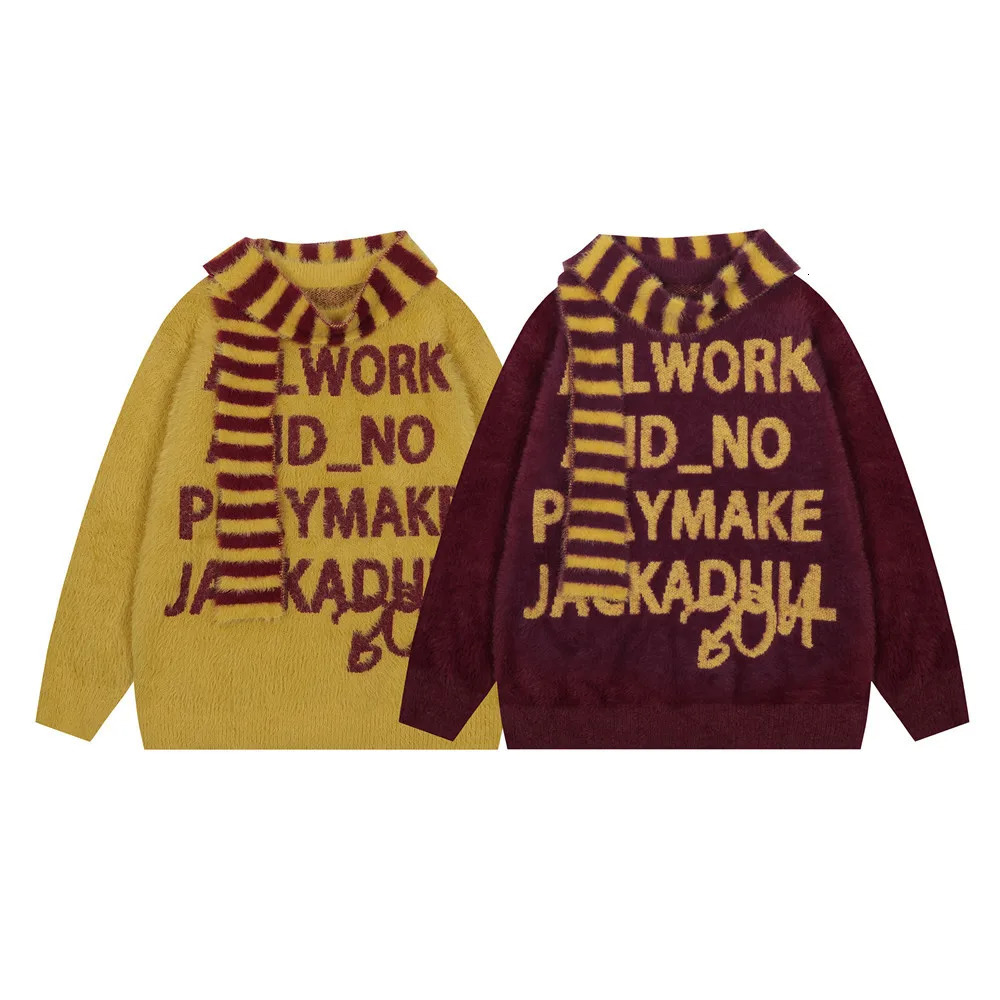 Autumn and Winter Thick Mink Letter Jacquard Round Neck Sweater with Scarf Mens Trendy Mohair Casual Knitted 241031