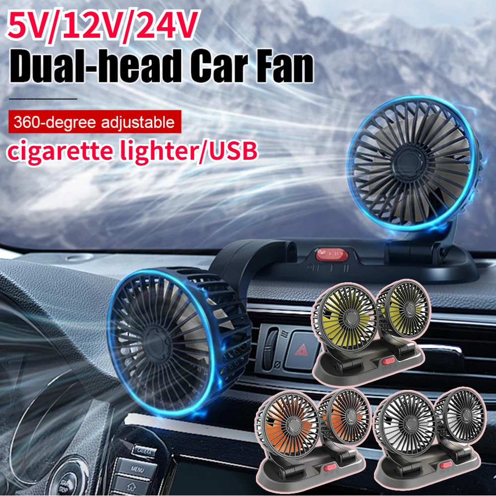 New EAFC 5V 12V 24V Car Coog 360 Adjustable Dual Head Air USB 2Speeds Automotive Electric Fan For Dashboard RV Truck