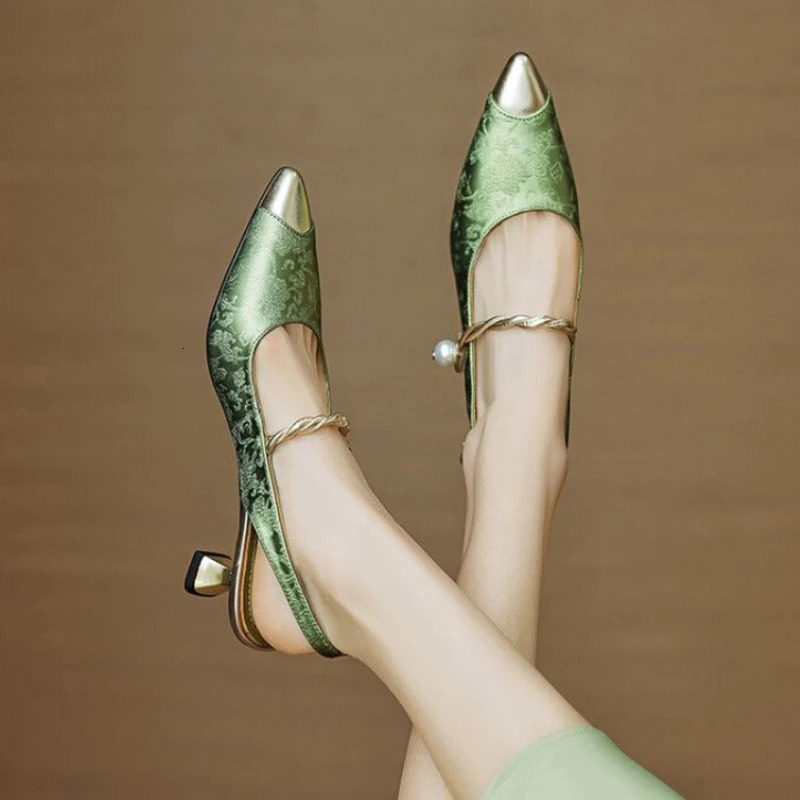 Womens Sandals Summer Retro Pointy Low Heel Buckle Toe High Heels Fashion Temperament Pearl Stiletto Sandals 241031