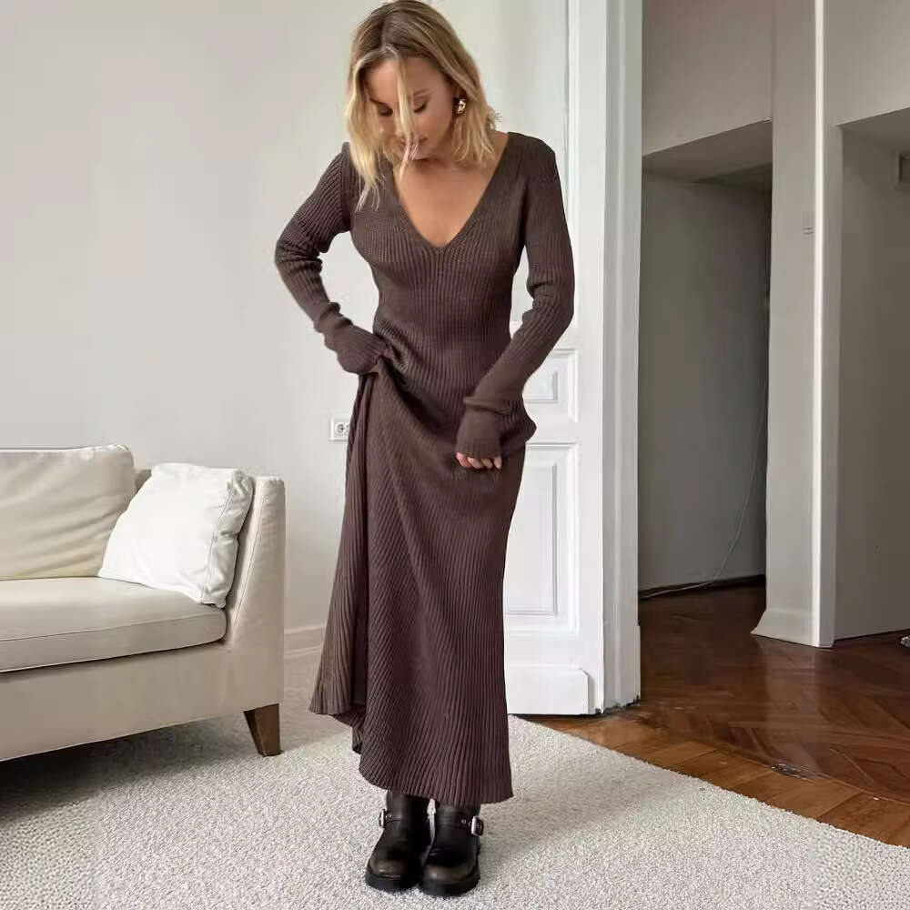 Elegant Black Knitted Maxi Dress Solid Long Sleeve Plunging V Neck Women Fall Winter Sweater Bodycon Jumper Dresses