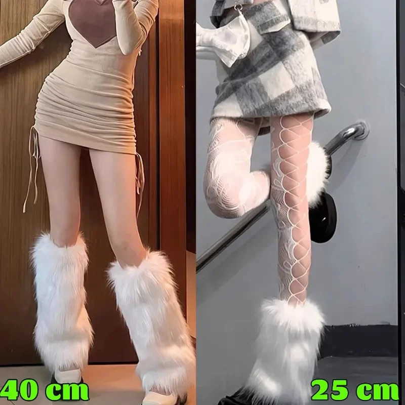 Y2k Vintage Leg Warmers Street Style Plush Faux Fur White Gothic Punk Boot Black Knee-length Fashion Women Stockings 241031