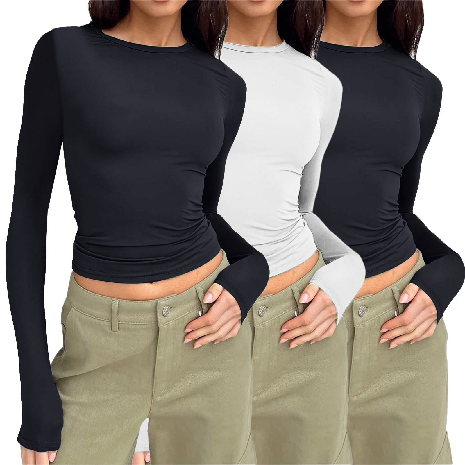 2024Designer casual long sleeved spring and autumn solid color slim fit pullover T-shirt women's street wear base shirt top three piece set