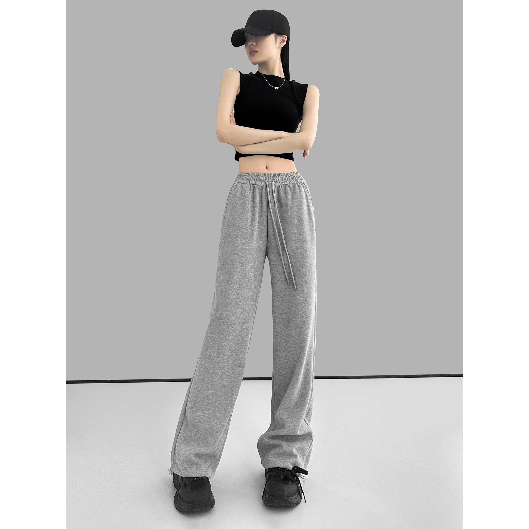 Solid colour sweatpants women's spring and autumn thin section loose thin casual versatile drawstring sweatpants drawstring wide-leg trousers