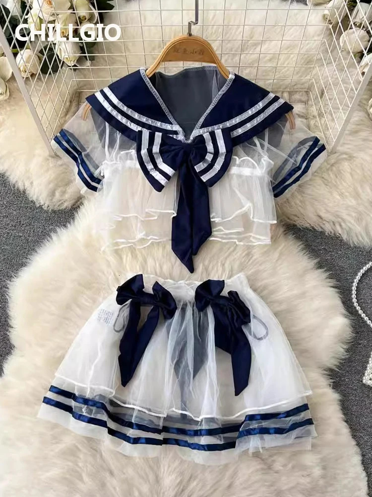 CHILLGIO Women Transparent Sexy Mesh Pajamas Suits Fashion sweet Japan Preppy Style Erotic 3 Pieces JK Uniform Nightgowns Set 241031