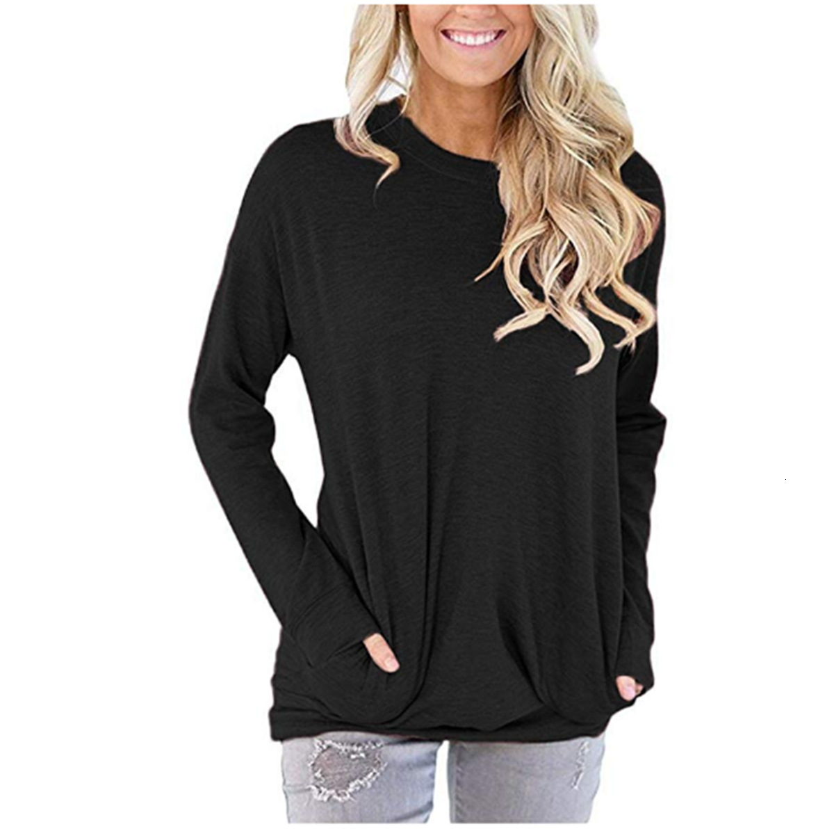 Designer's Autumn New Round Neck Bat Long Sleeve Pocket Decorative T-shirt