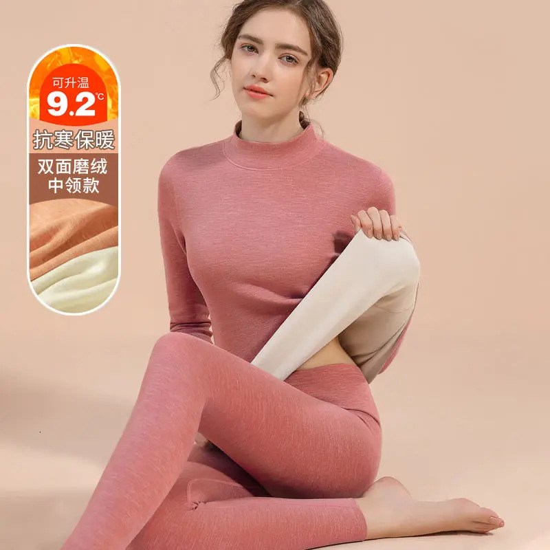 Thermal Underwear Sets for Women Mid-high Collar Winter Warmth High Stretch Base Thick Velvet Tops Trousers Seamless Lingerie 241031