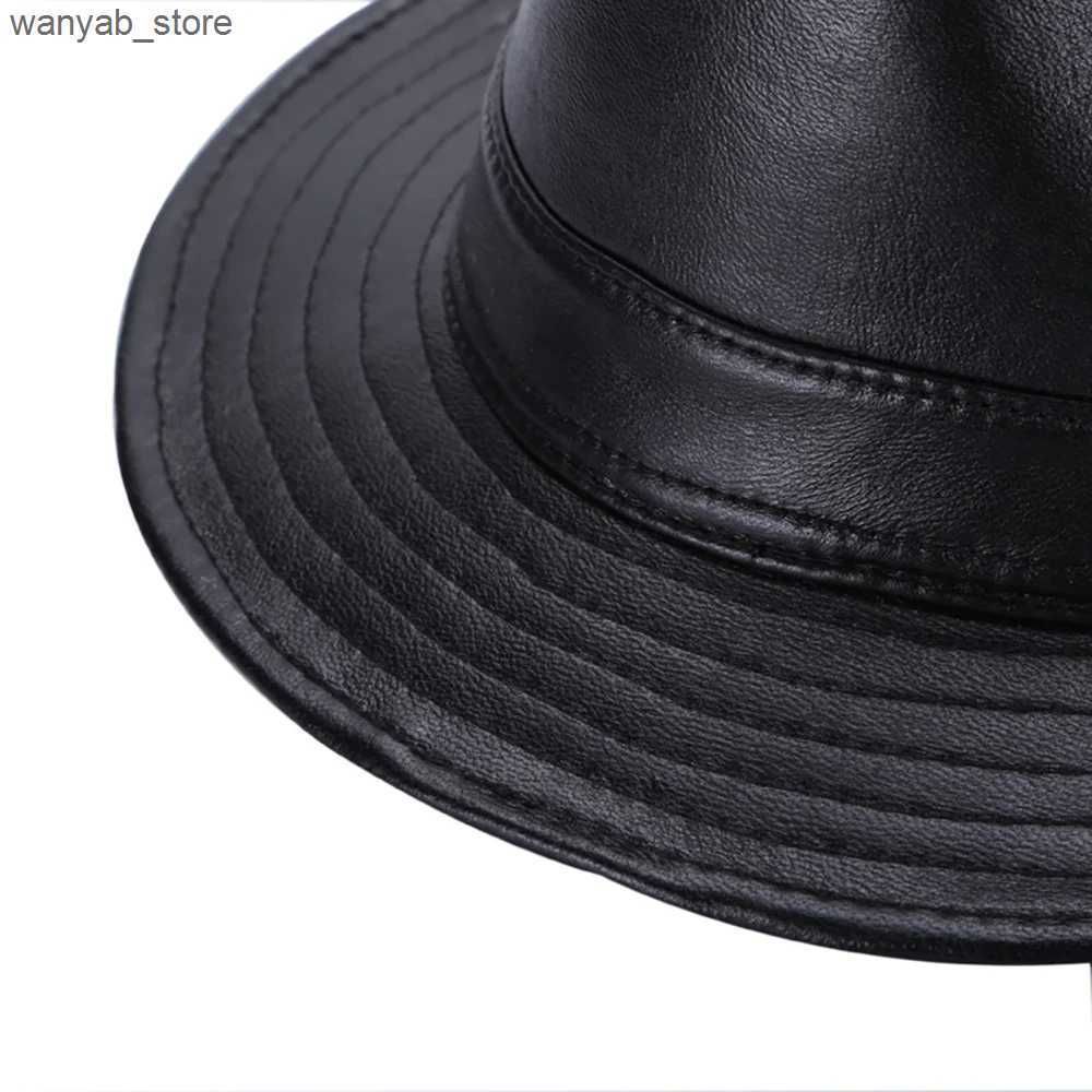 Stingy Brim Hats 2024 Hot Sale Men Fashion Brand % Real Genuine Sheepskin Leather Cowboy Hot Sale Plus Size Hats Sale Real Sheep Leather Caps L240910