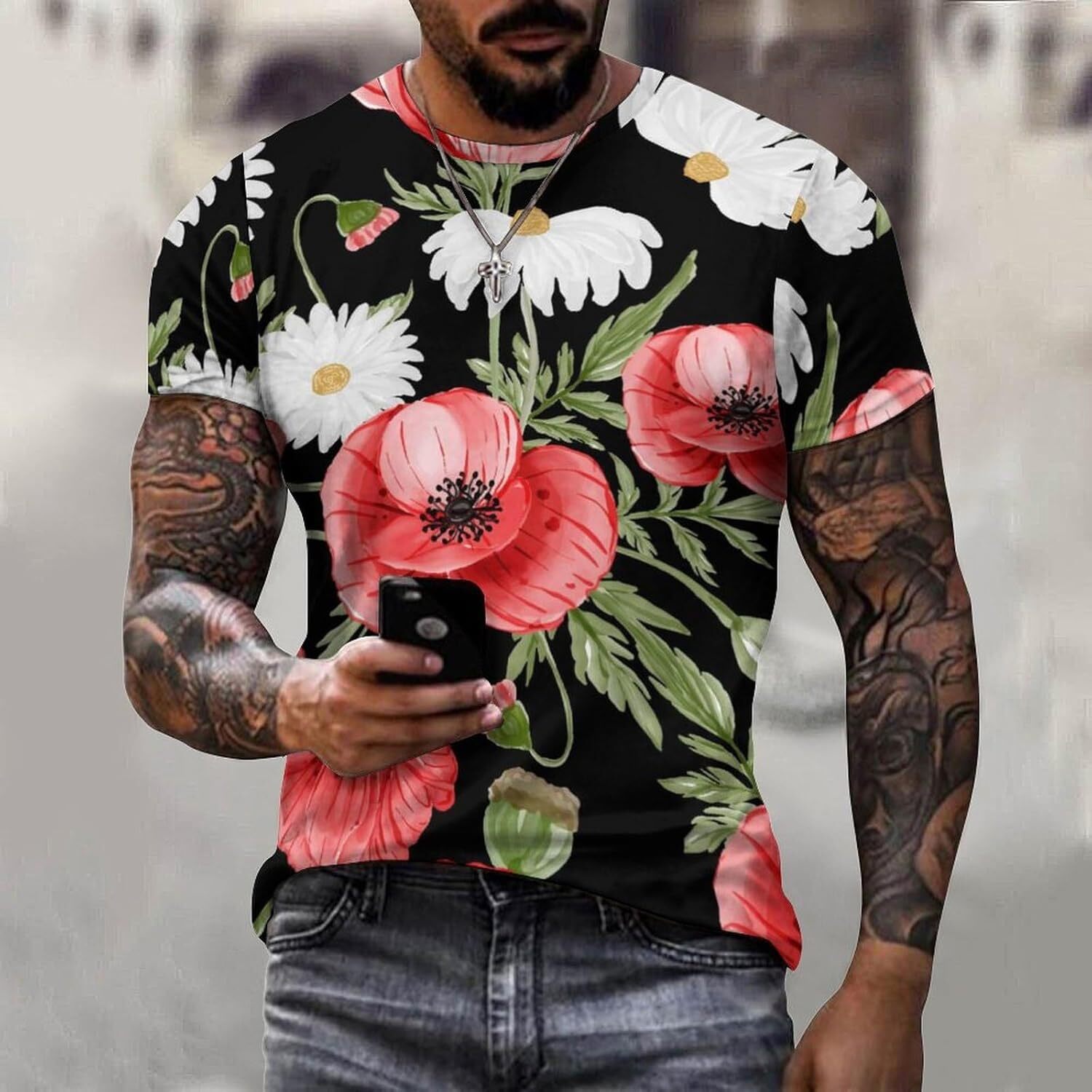 Mens T shirt Summer Rose Flower Pattern Cotton T-Shirt 3D Printed Casual Shirt Men's Crew Neck T-Shirt tee Casual tops Super cool fashion summer 