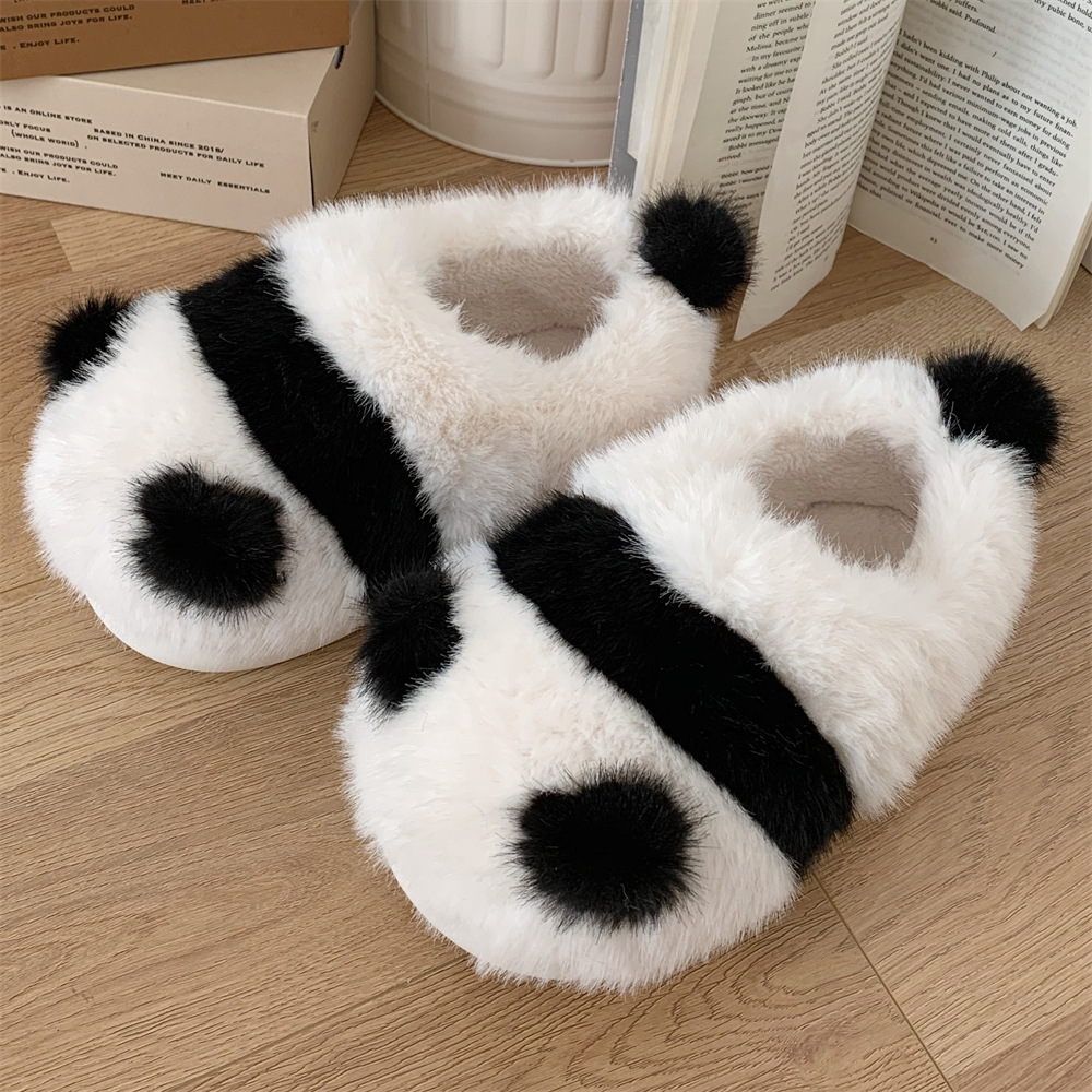 Soft cute Panda Family Slipper Women Girls Cute fluffy winter warm plush indoor flats Bedroom slide casual women's fur shoes