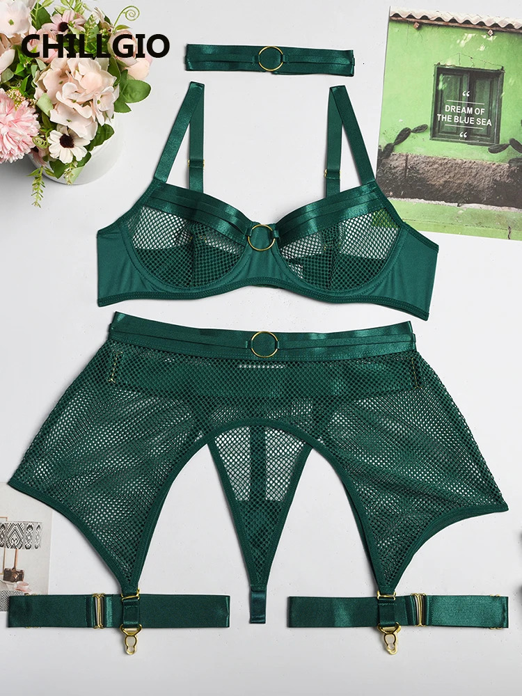 CHILLGIO Women Mesh Sexy Hollow Bra Brief Suits Push Up Erotic Intimate Underwear Fashion 4 Piece Solid Transparent Lingerie Set 241031