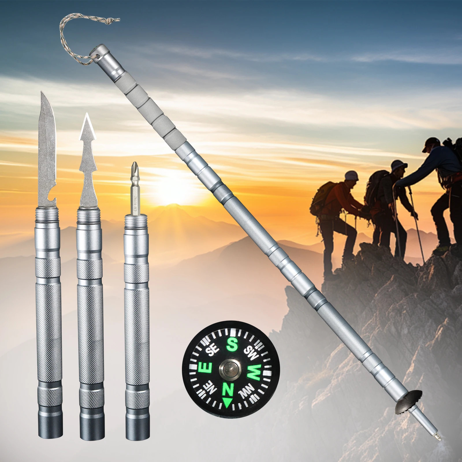 Trekking Pole Multifunctional Aluminum Hiking Walking Sticks Folding Outdoor Camping Hiking Stick Adjustable Ultralight 241031