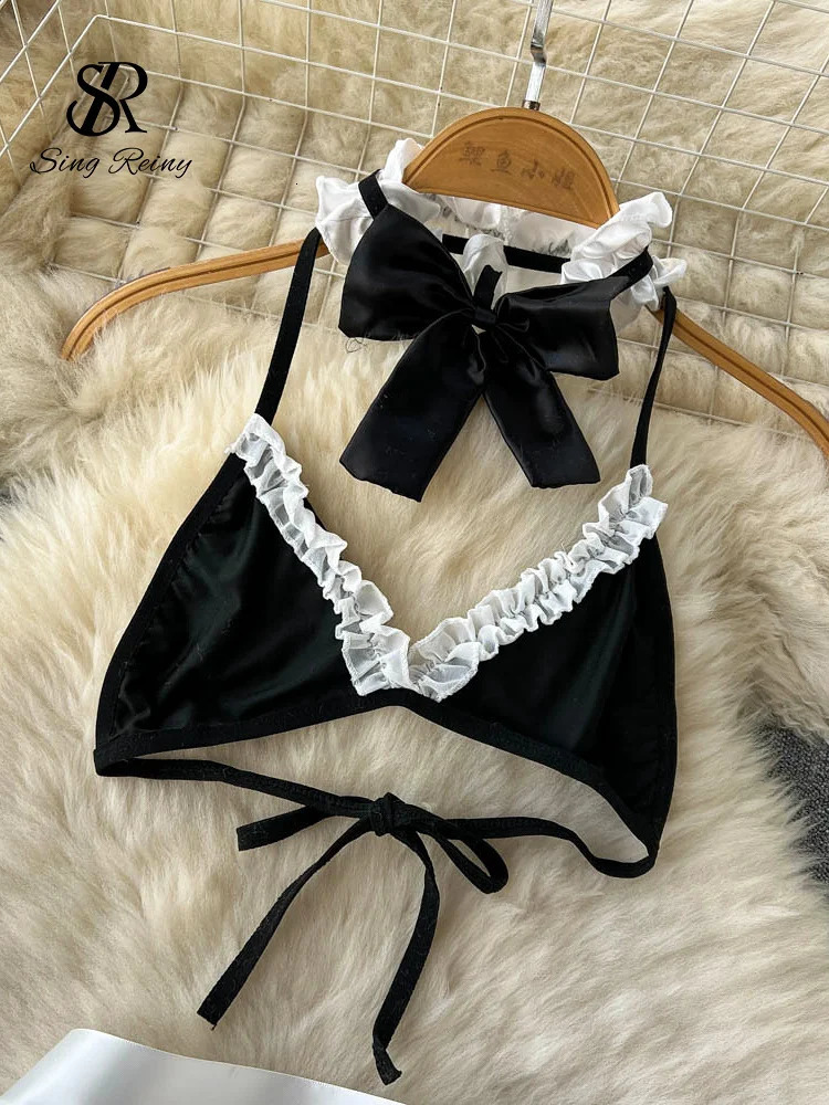 SINGREINY Maidservant Cosplay Porn Sexy Suits Women Halter Mini BraShort SkirtThongs Ruffles Sweet Lingerie Erotic Nightsuits 241031