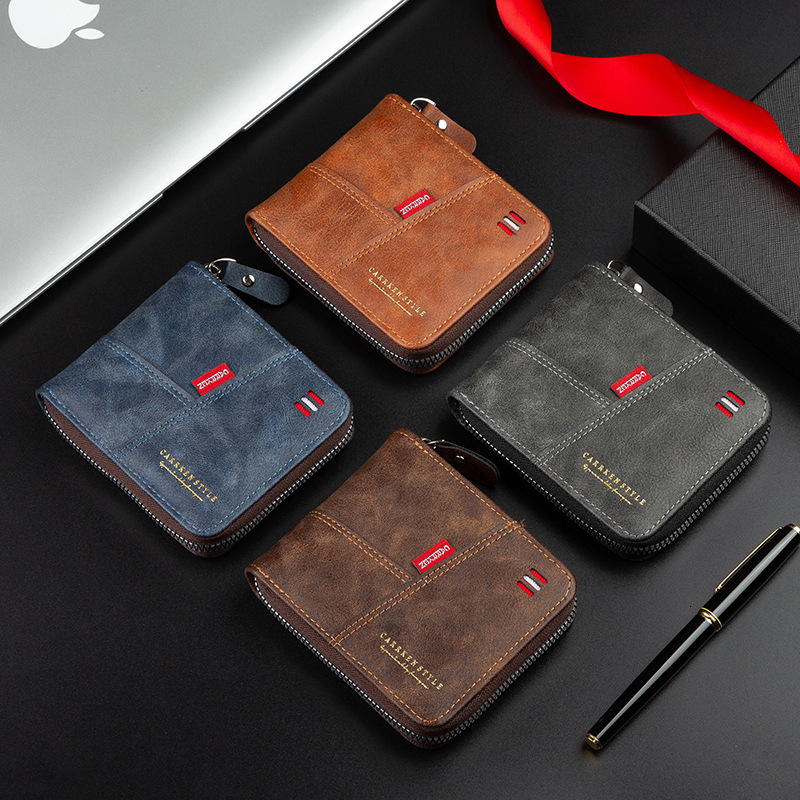 New designer men's short style horizontal splicing fashionable buckle coin purse with multiple zippers and card pockets