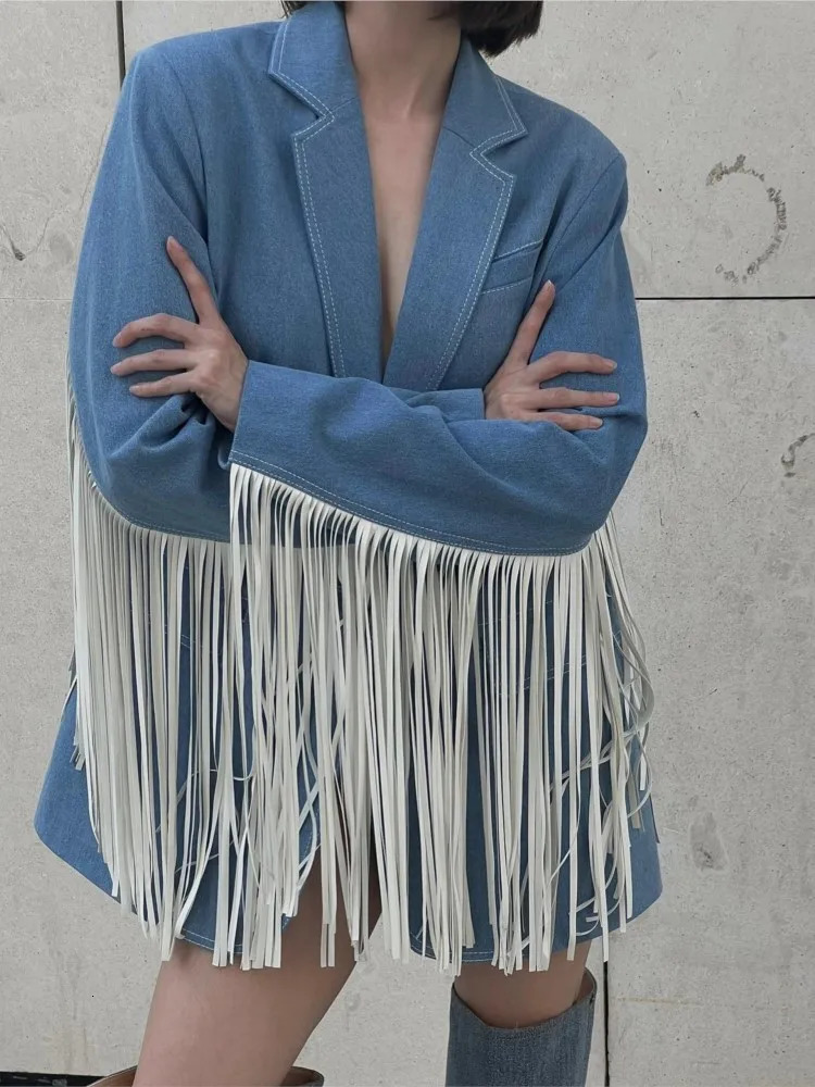 Tassel Denim Suits Jacket Flip Collar Single Button Commute Elegant Loose Casual Vintage Street Fringe Suit Top Women 241031