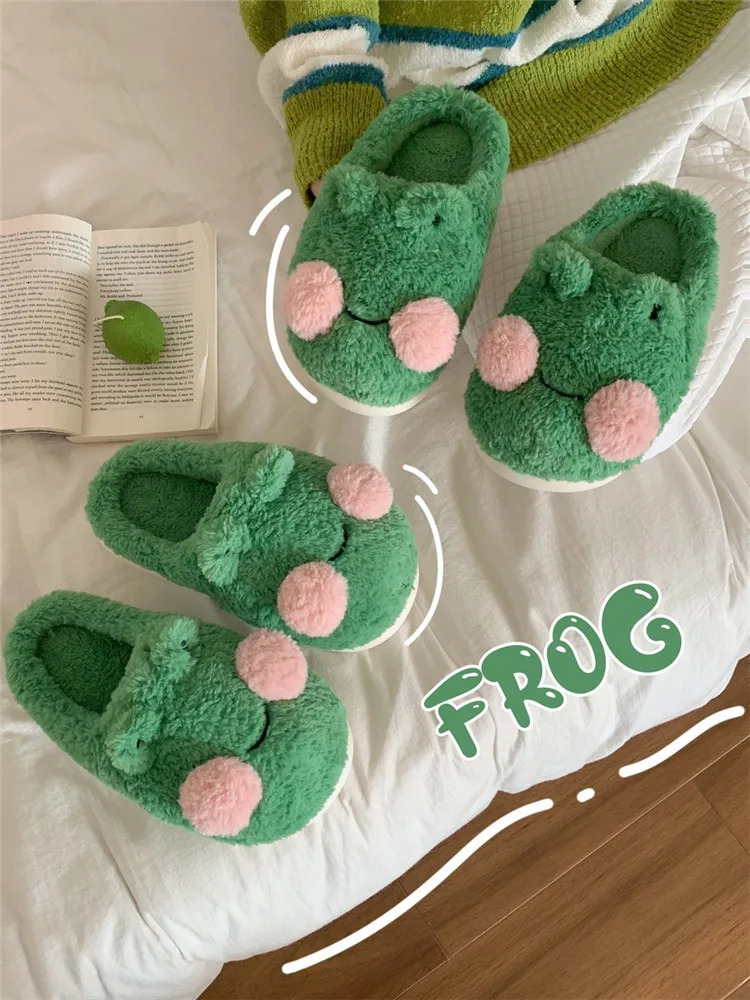 Interesting Couple Cute Frog Cotton Slippers Winter Student Non slip Warm Plush Home Slippers Mens and Womens Home Shoes 241031