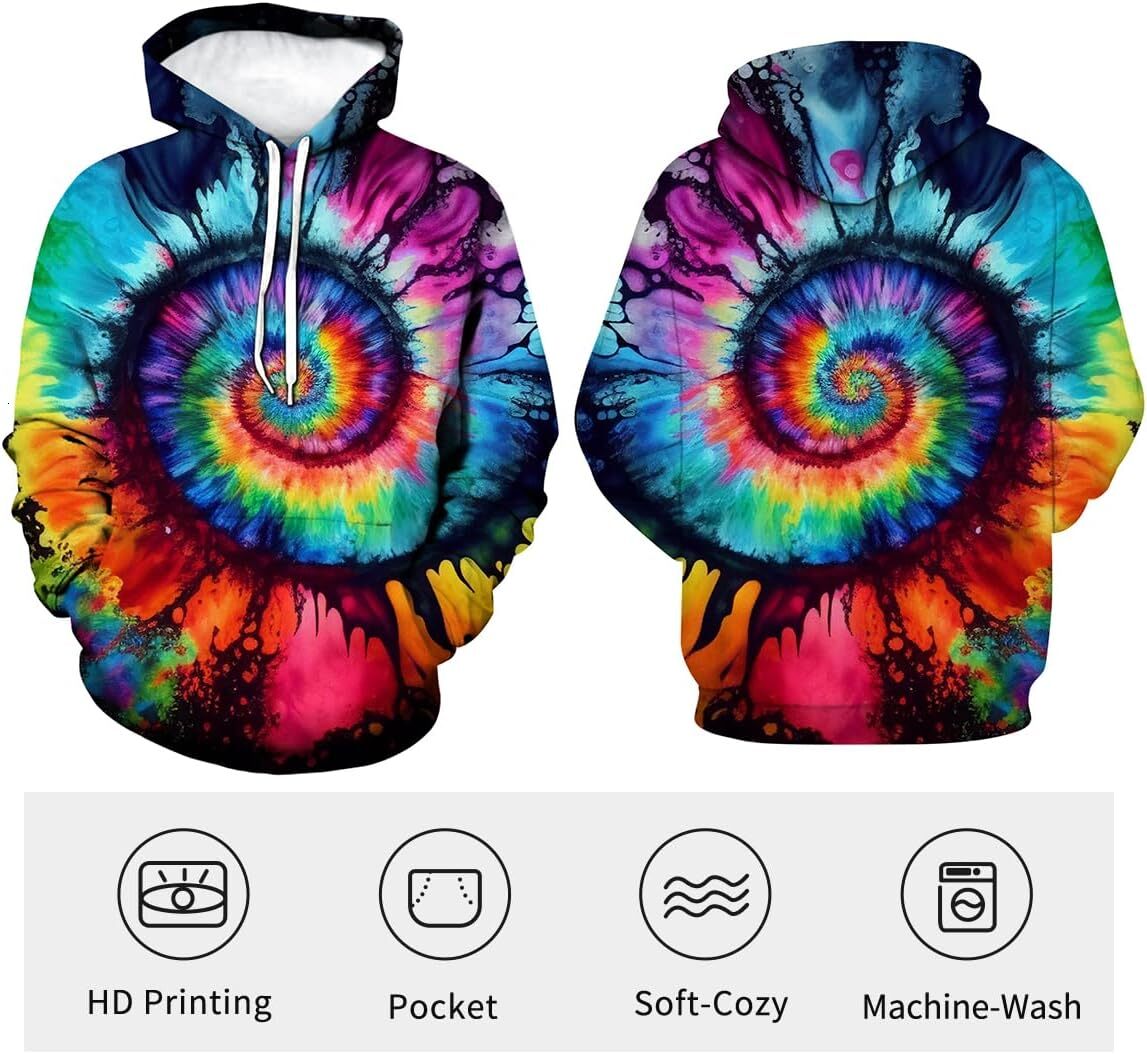 Hoodie for Mens Womens Funny Tie Dye Hoodie Colorful Spiral Theme Sweatshirt Graphic Hoodies sweatshirt Warm Hip Hop cool