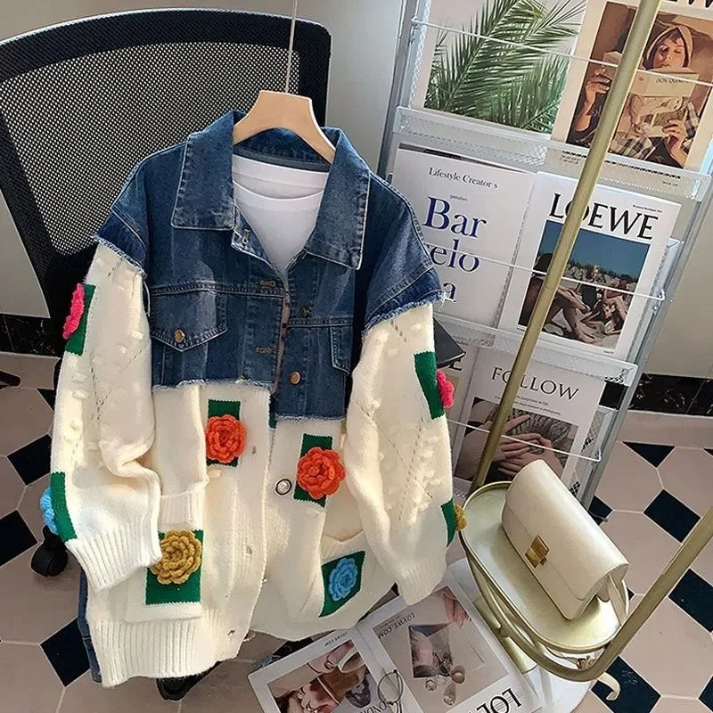 Fat MM denim stitched 3D floral sweater for womens spring/summer loose and lazy cardigan wool sweater for womens outerwear commuting 241025