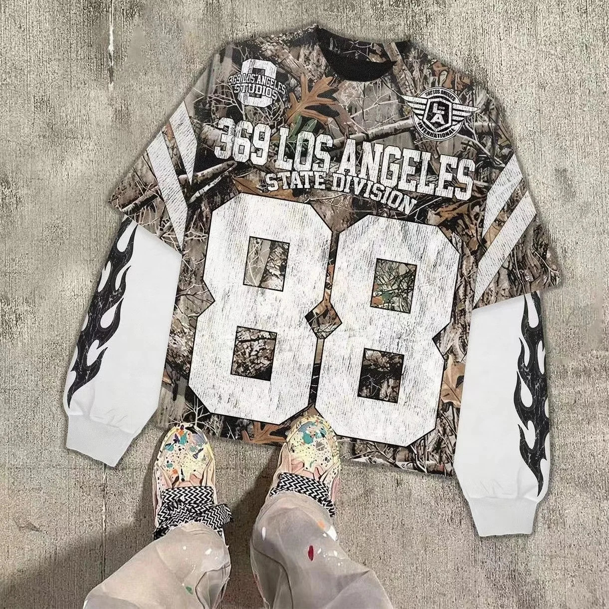 Y2K womens sportswear mens Gothic oversized camouflage leaf pattern long sleeved T-shirt hip-hop sportswear 241031