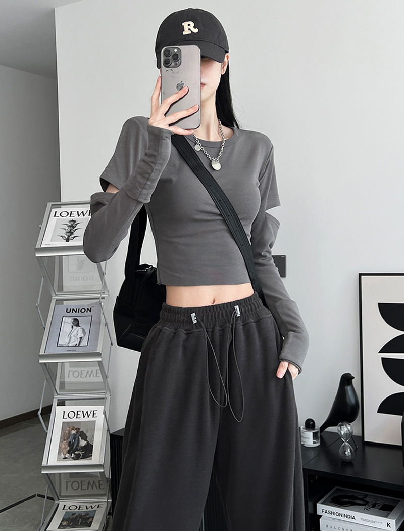 Dynamic Girls Slim Sexy Long Sleeve T-Shirt Women Round Neck Pullover Sleeve Ins Opening High Waisted Short Tops