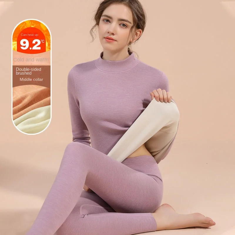 Thermal Underwear Sets for Women Mid-high Collar Winter Warmth High Stretch Base Thick Velvet Tops Trousers Seamless Lingerie 241031