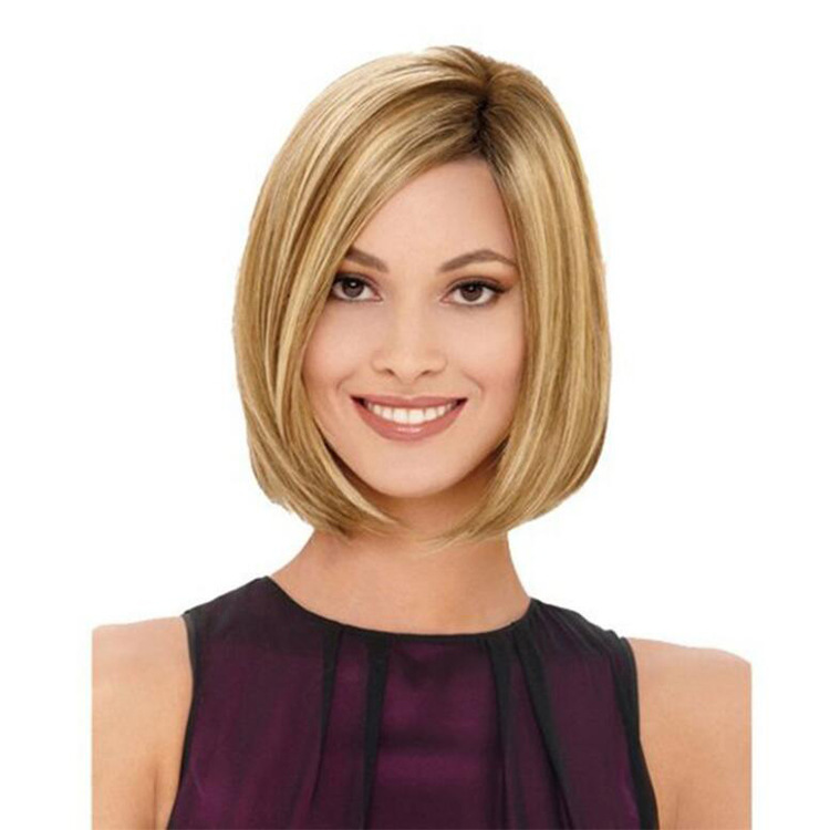 Fashion short hair wig bobo head flax gold dyed short straight hair chemical fiber headpiece