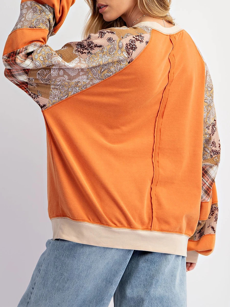 Vintage Indie Sweatshirt Contrast Print Loose Crew Neck Long Sleeve Pullover Tops Womens Casual Fall Tshirt Tees Streetwear 241031