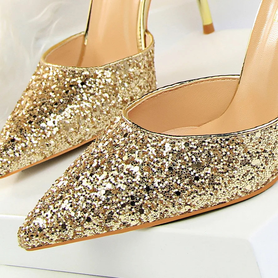 Summer Women 7.5cm 9.5cm High Heels Bling Sandals Lady Wedding Bridal Low Heels Gold Silver Sandles Sparkly Sequins Shoes 241030