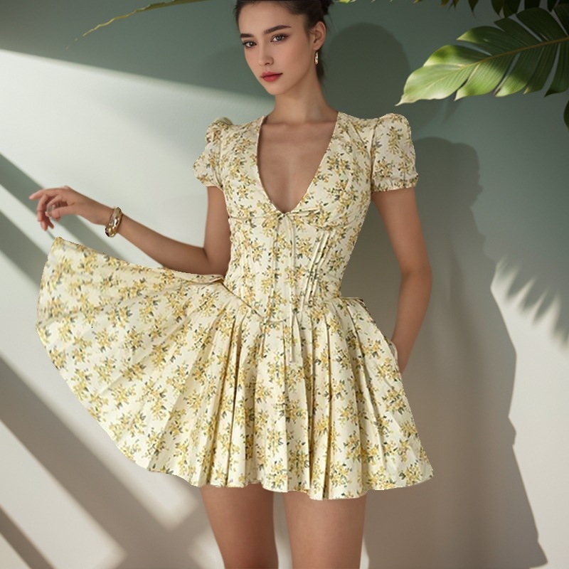 european and american women's clothing summer new product fashion first love floral bubble sleeves vneck slim fit french retro dress fluffy skirt