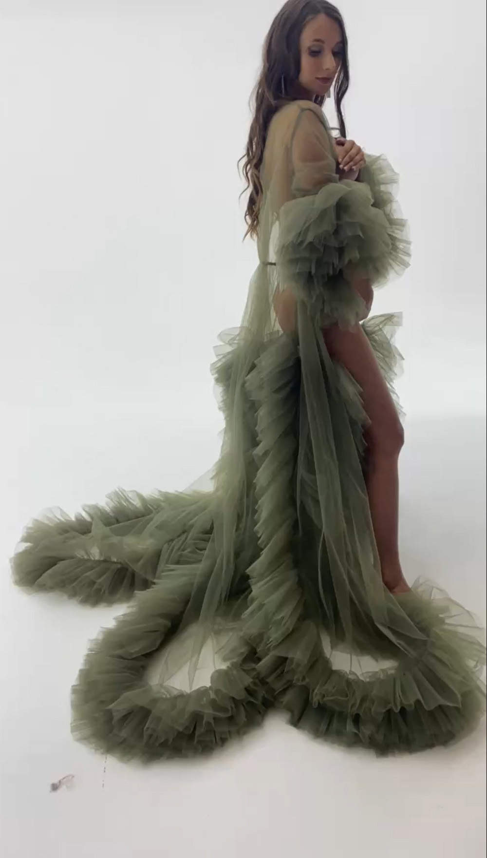 Customized Sexy Women Bathrobe Ruffles V Neck Long Sleeve Maternity Dresses Pregnant High Split Nightgown Pijama Evening Dress