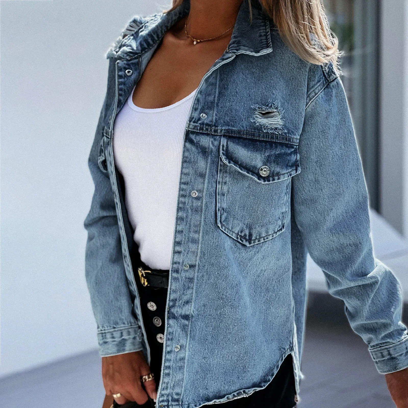 Vintage Womens Denim Jacket 2024 Autumn Washed Holes Ripped Jackets Loose Pocket Jeans Coat Turn-down Collar Outwear Chaquetas 241031