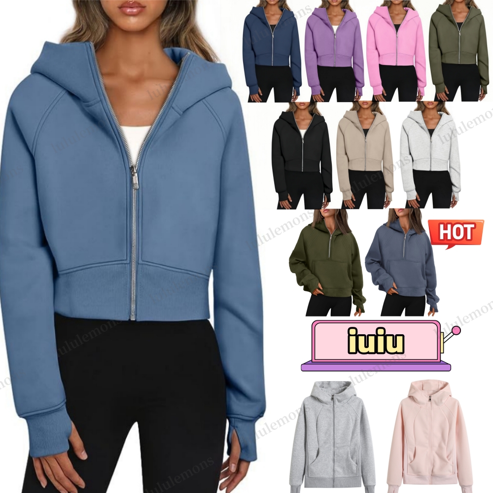 Crop Scuba Hoodie Women Fleece Thickened Yoga lululies lemonly lemenly Jacket Short Full Zipper Sport Hooded Loose Coat Cardigan Sweatshirt