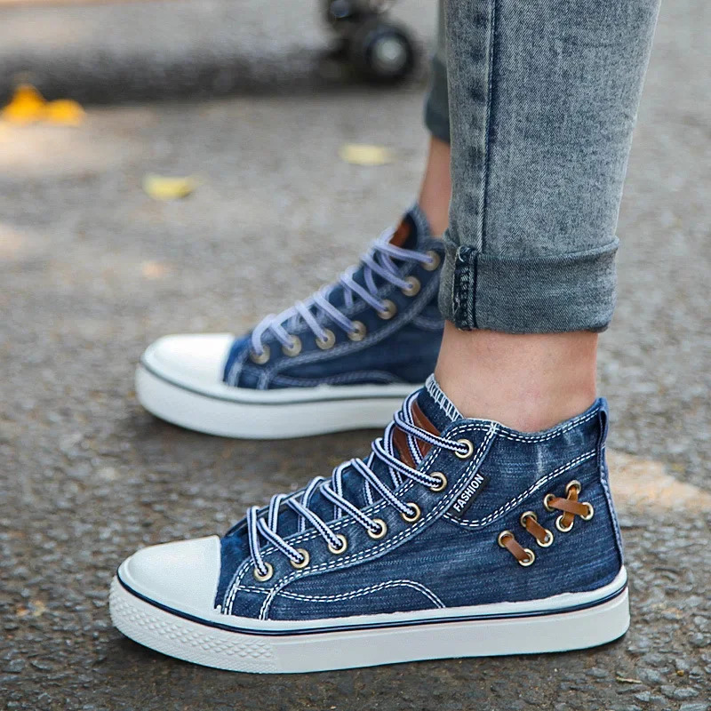 Denim Canvas Sneakers For High Top Walking Sport Round Toe Lace Up Men Casual Shoes Running Thick Sole Ladies Brand Boots