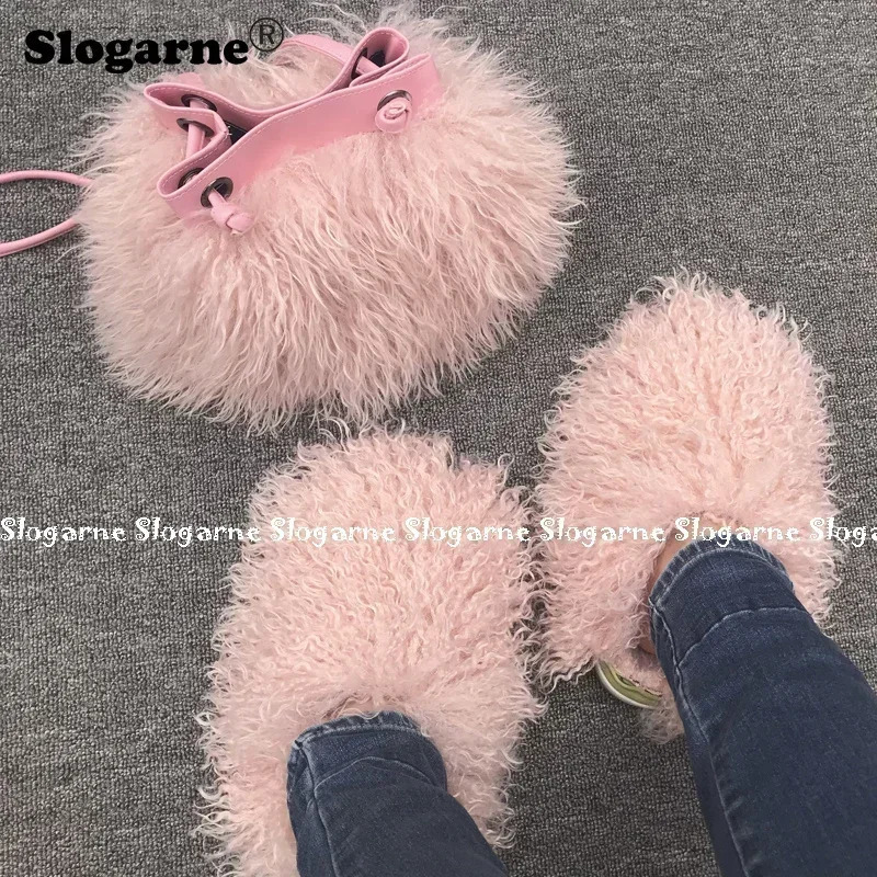 Womens fashion set fur slider fur handbag womens faux fur set fur leather bag wallet indoor shoes Plus size 49 241031