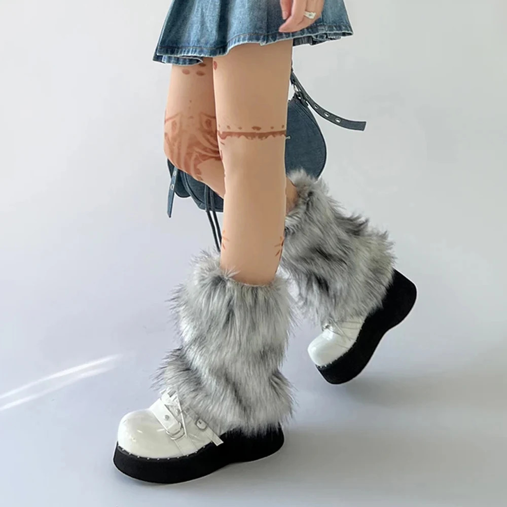 Y2k Winter Warm Leg Warmers Gothic Punk Gray Boot Covers Faux Fur Boots Socks Fashion Harajuku Leggings JK Knee-length Stockings 241031