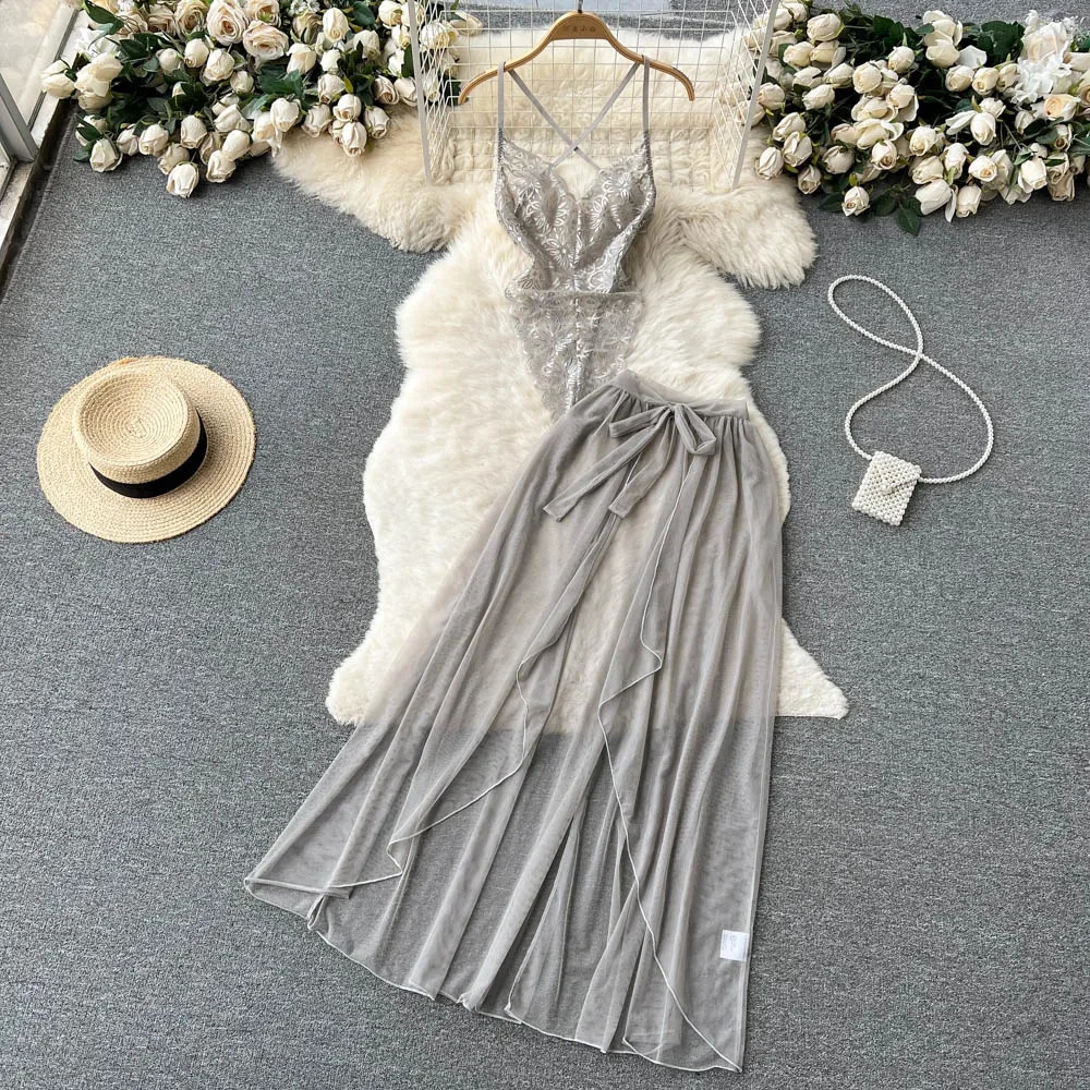 Womens Multicolour Transpar Sexy Charming Flowing Mesh Long Skirt With Girls V-neck Lace Hollowed out Flower Top Two Pieces Set 241031
