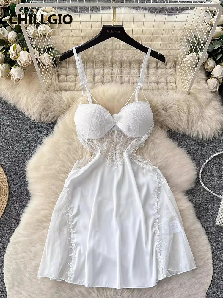 CHILLGIO Women Sexy Lace Floral Spaghetti Strap Sundress Fashion Backless A Line Summer Transparent Hollow Mesh Pajamas Dress 241031