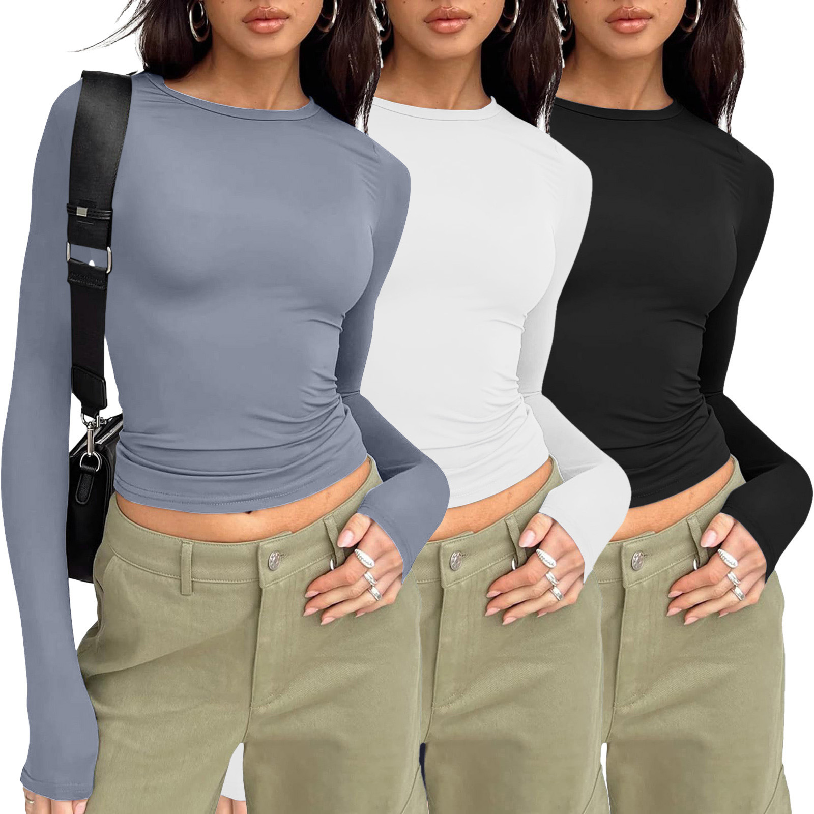 2024Designer casual long sleeved spring and autumn solid color slim fit pullover T-shirt women's street wear base shirt top three piece set