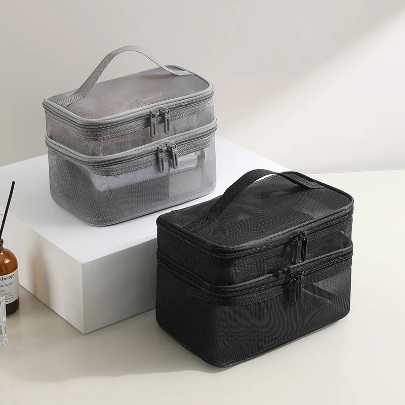 Double layer mesh makeup bag womens portable makeup bag large capacity travel zipper makeup bag 241031
